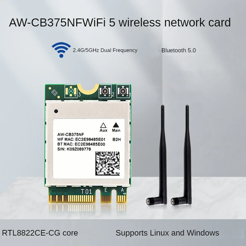 Dual Band Wireless Network Card, Adaptadores Waveshare, Wifi5 Geração Módulo sem fio, Aw-Cb375nf, 2.4G, 5Ghz