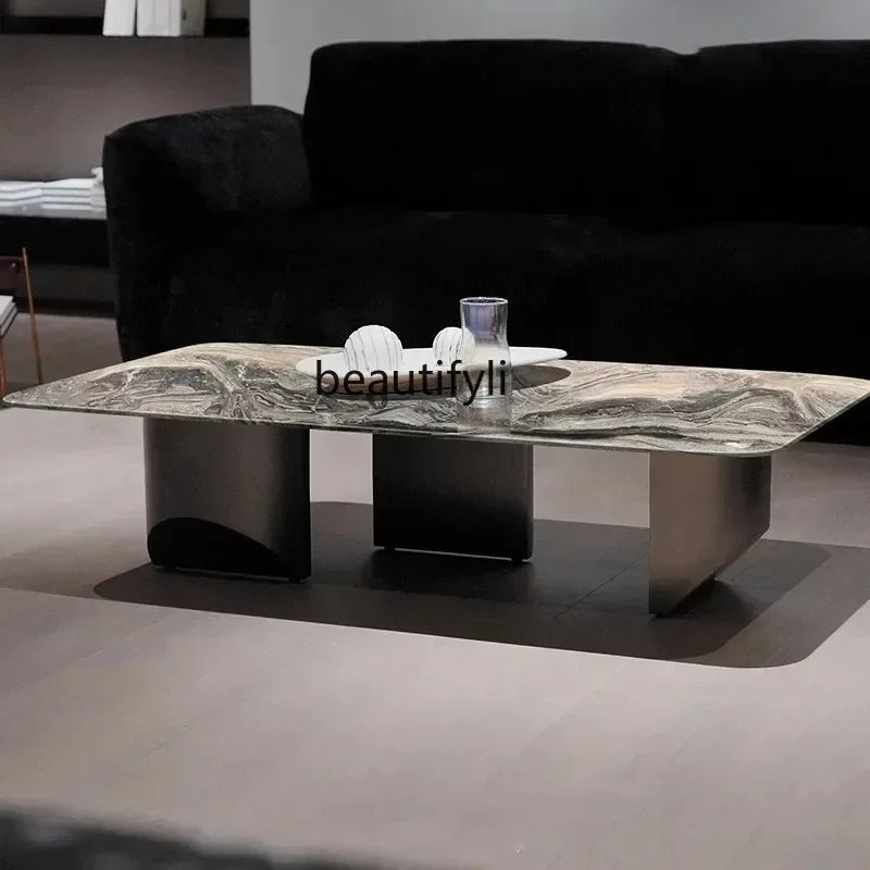 

Light Luxury Rectangular Natural Marble Tea Table Living Room Modern Minimalist Luxury Stone Stainless Steel Tea Table