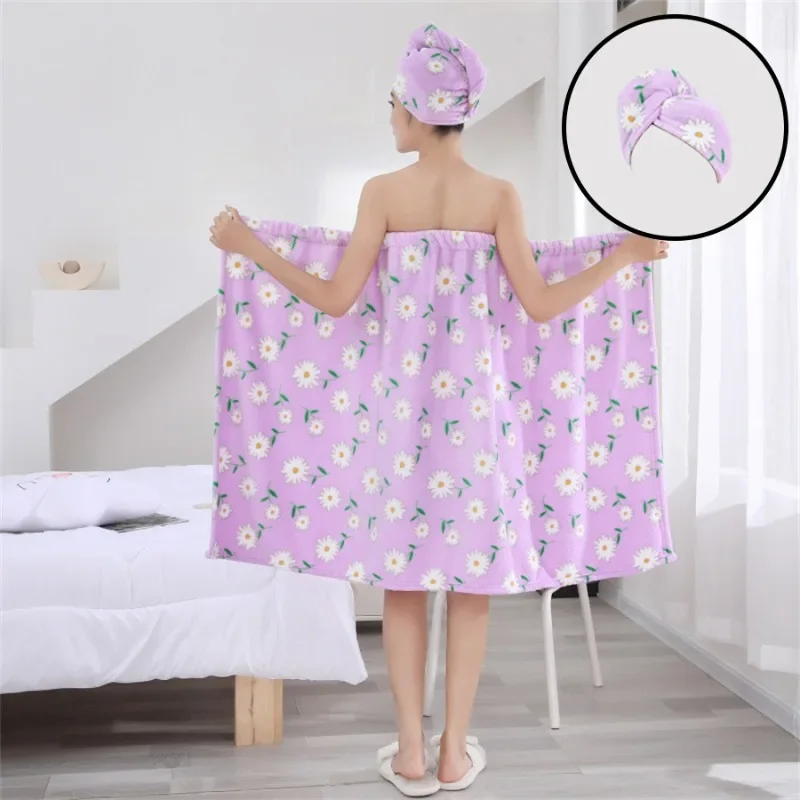 Printed Strapless Bath Skirt Hair Cap One Set Soft Absorbent Wrap Towel Women Summer Quick Dry Shower Wearable Bathrobe Set Kit
