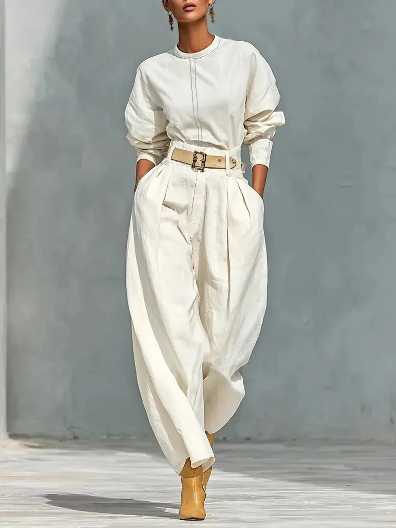 

Women's Two Piece Set Round Neck Top Harem Pants Loose Fit Solid Casual Spring Autumn Vacation Elegant Belt for Women