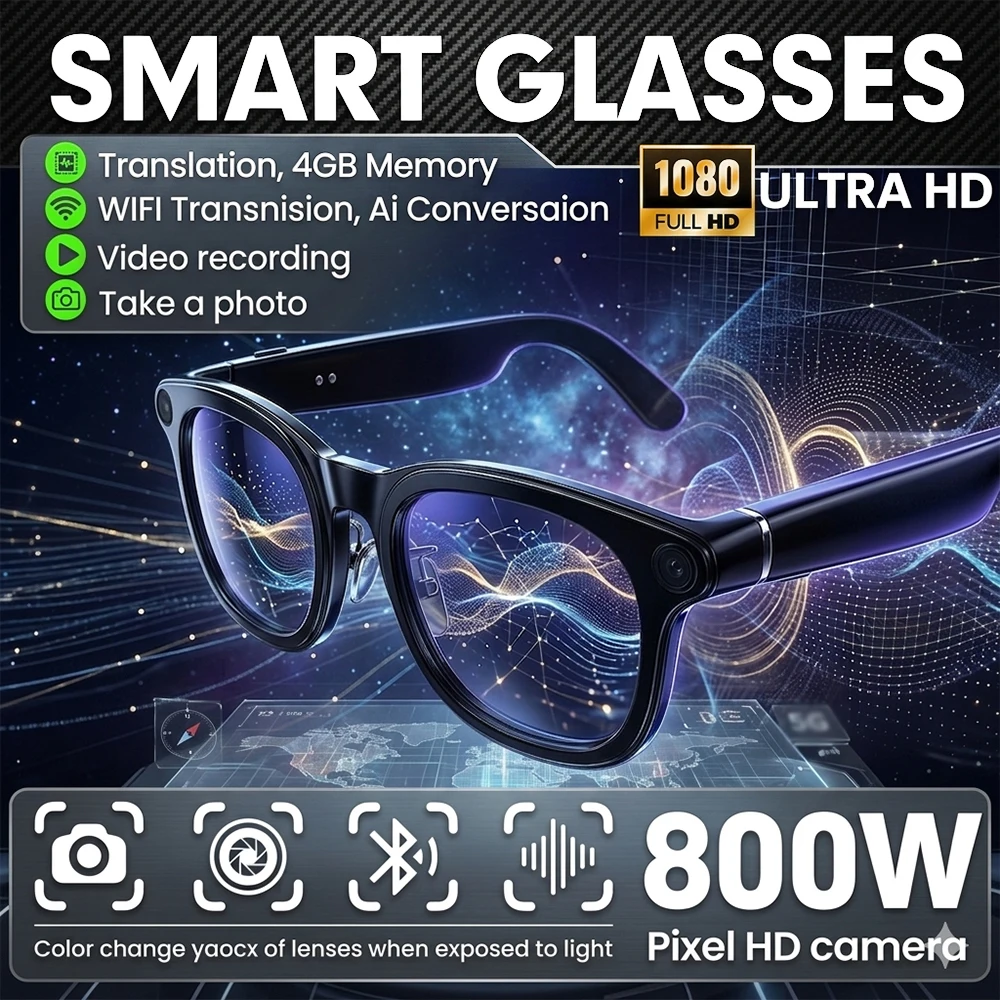 

2026New 800W Pixel Camera Smart Glasses Men Video Recording AI Photo Recognition Bluetooth Call Voice Translation Sunglasses Man