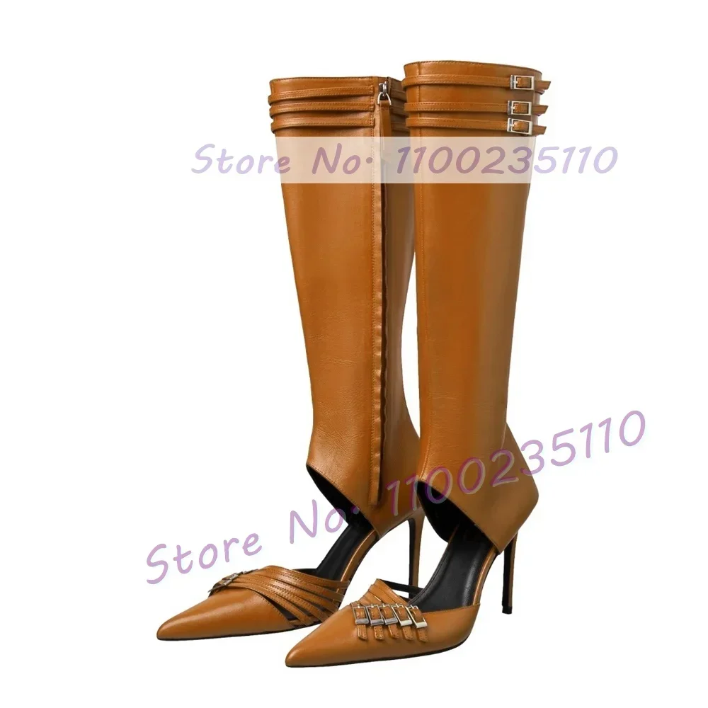 Red Multi Belt Buckles Cutout Knee High Boots Women Chic Gladiator Pointed Toe Sandal Boots Ladies Summer Sexy Puttee Heel Shoes