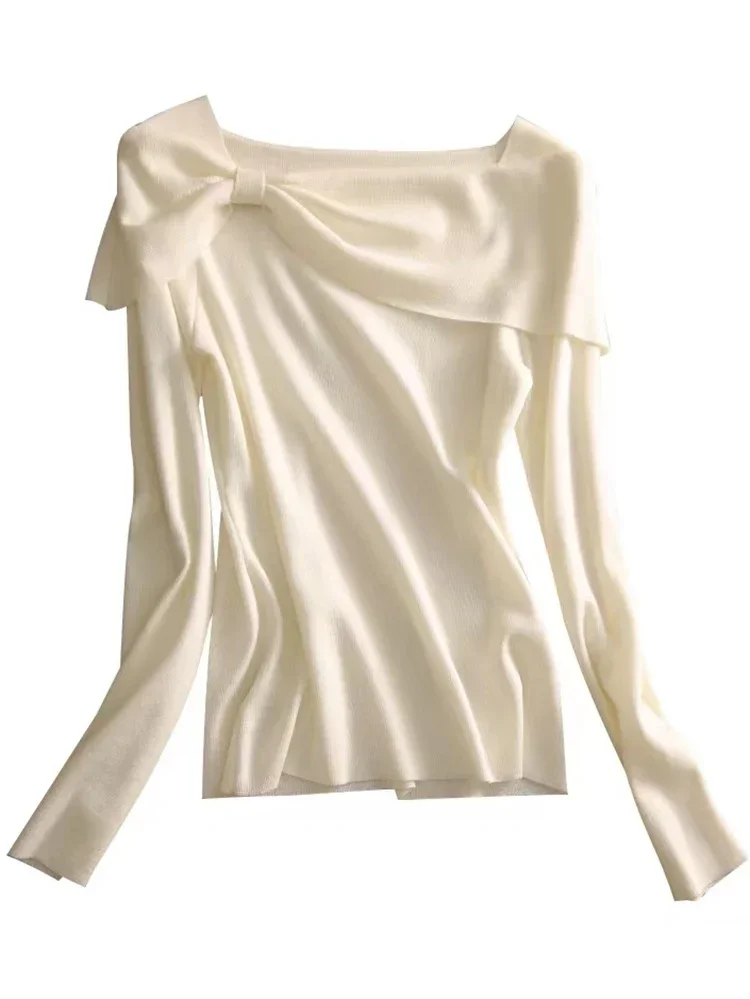 Damski sweter z kokardą, dzianinowy, z długim rękawem, topy dziergane, moda koreańska, odzież damska, swetry pulowerowe, jesień zima, ropa de m