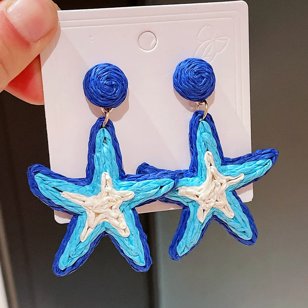 Bohemian Style Lafite Grass Weaving Colorful Starfish Dangle Drop Earrings for Women Ocean Animal Earrings Summer Beach Jewelry