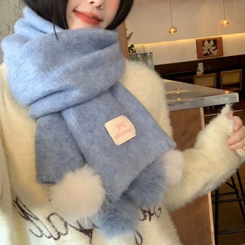 Women's New Scarf Korean-style New Model Pom-pom Scarf Winter Warm, Versatile Woolen Cute Neck Warmer With Atmosphere Thick Warm