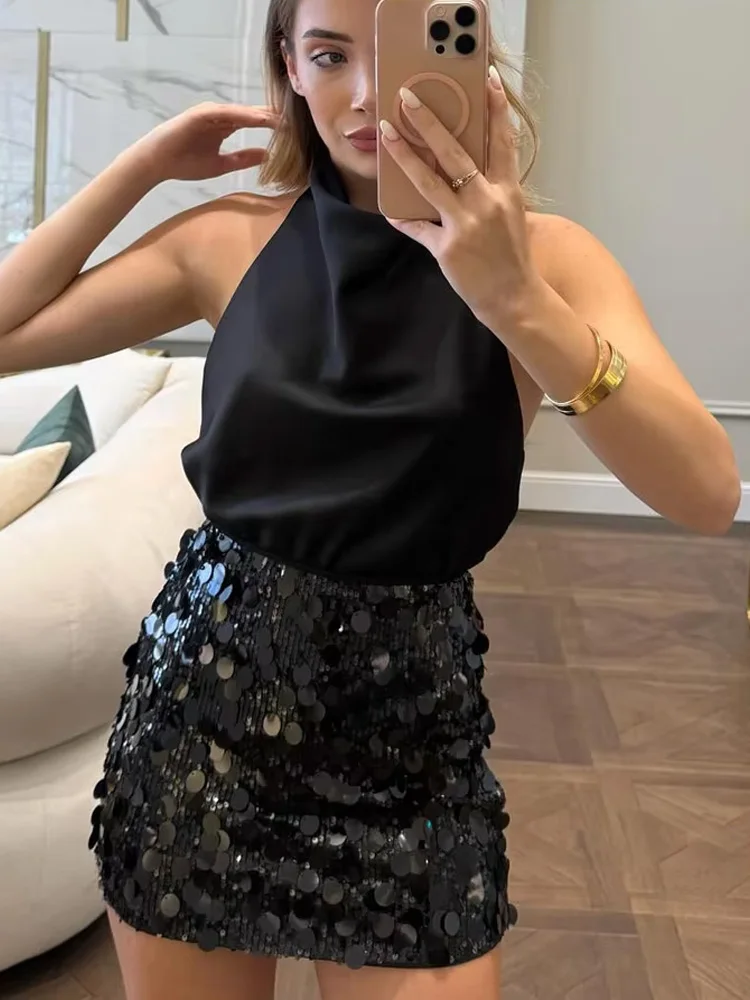 HH Women's New Fashion Versatile High Waist Slim Solid Sequin Mini Skirt Female Sexy Hip Side Zipper Party Short Skirt Mujer