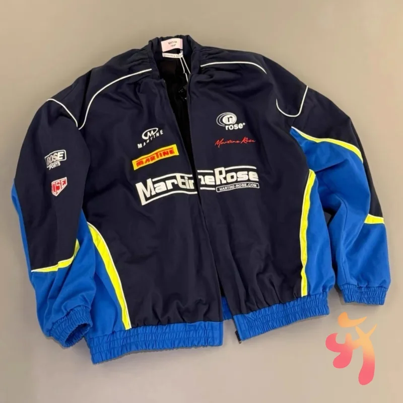 

Blue Black Patchwork High Quality Embroidered Letter Martine Rose Jackets New Street Winter Racing Suit Zipper Coats Men Women