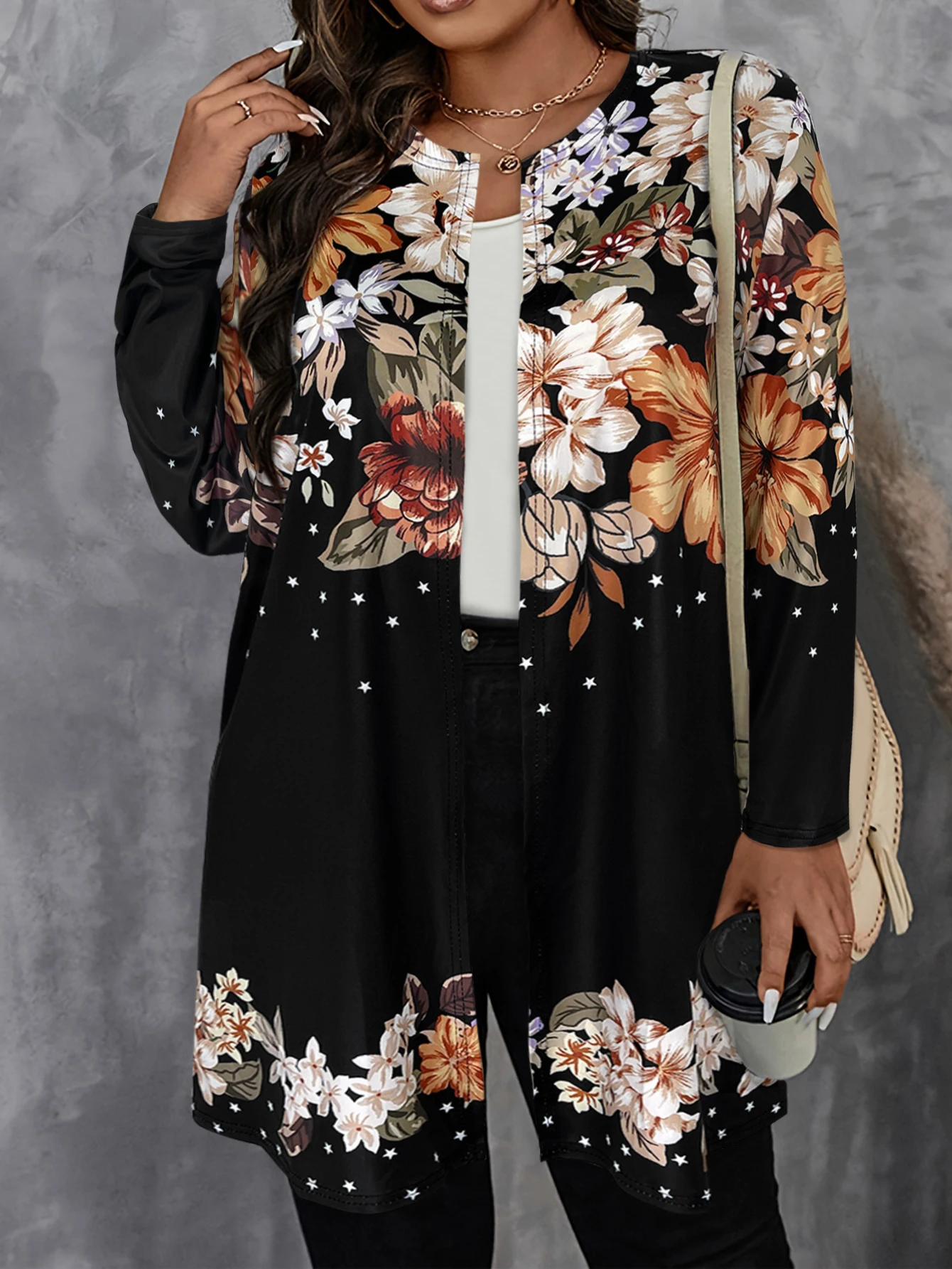 Plus Size Women Vintage Floral Print Cardigan Long Sleeve Open Front Loose Mid Length Casual Outerwear Daily