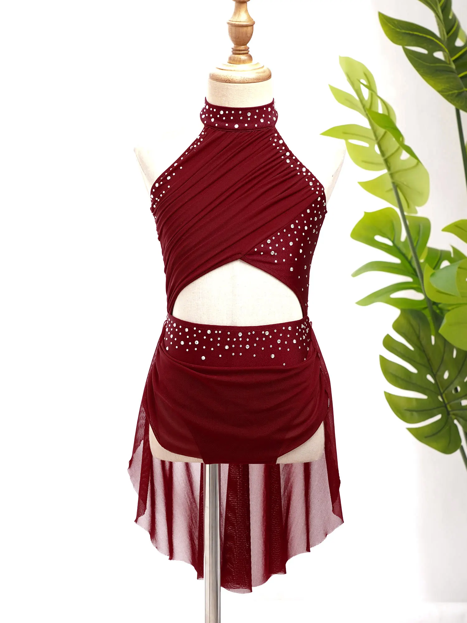 Strass Brilhante Traje de Dança Lírica para Crianças, Recorte Halter, Strappy Backless, Vestido de Patinação Artística, Collant Ginástica para Meninas