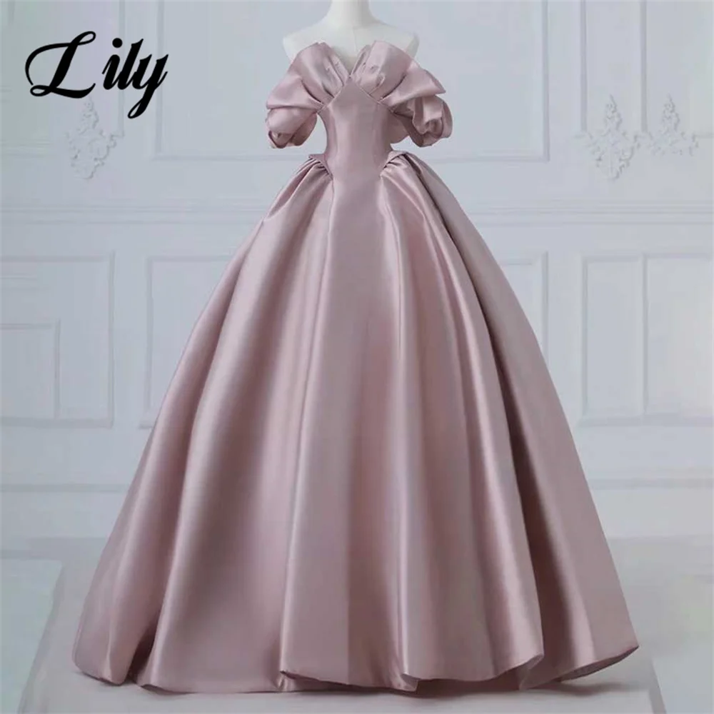 

Lily Simple Pink Evening Gown Dress Stain A-Line Prom Dress Pleats Off The Shoulder Sweetheart Evening Dress robes de soirée