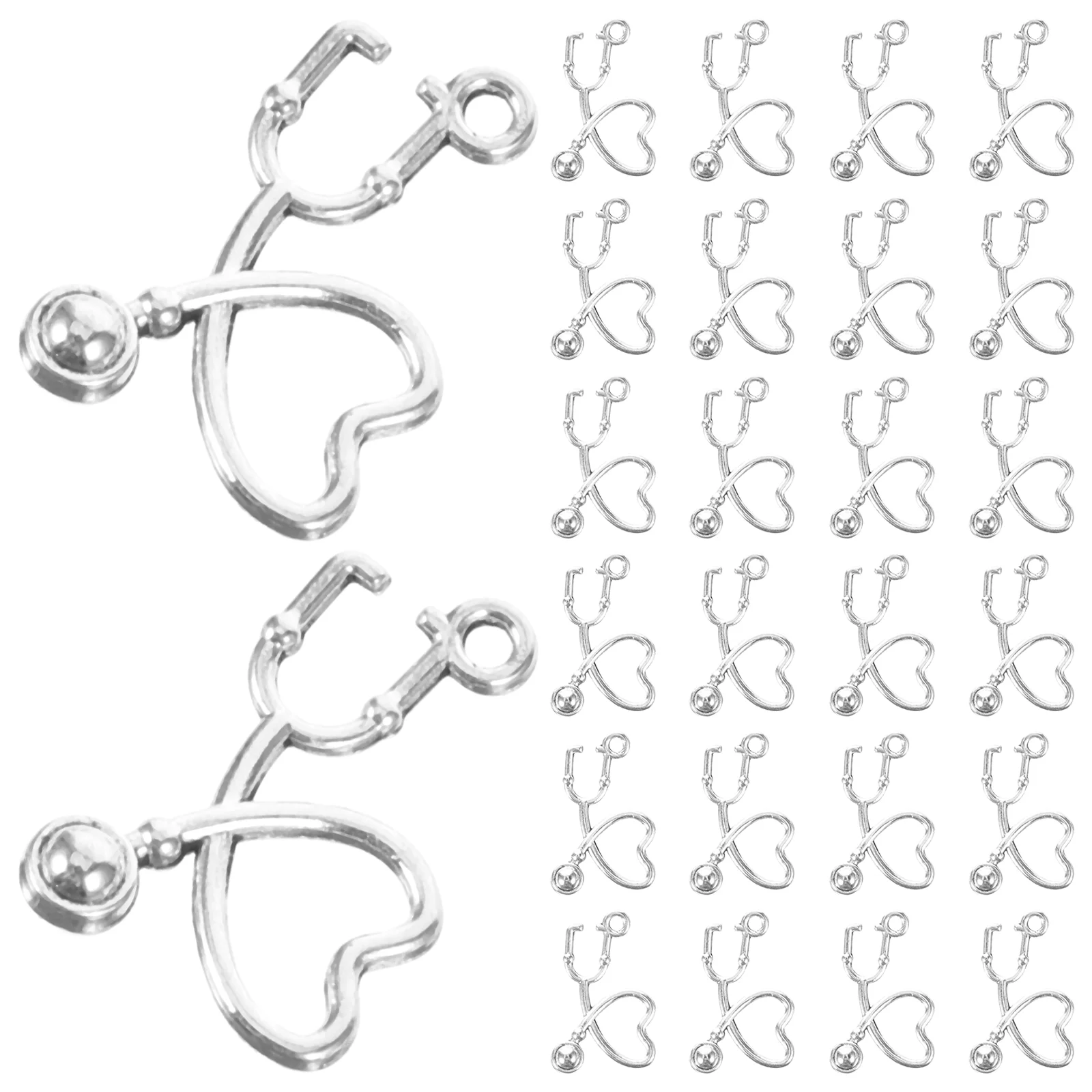 50 Pcs Silver Bracelet Findings Jewelry Making Pendants Heart-shaped Stethoscope Charms