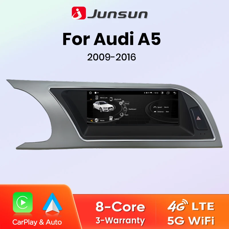 Radio para Auto Junsun 4G WiFi Inalámbrico con CarPlay y Android Auto para Audi A5 S5 2009-2016, Sistema Inteligente Táctil, Estéreo, GPS, Navegación
