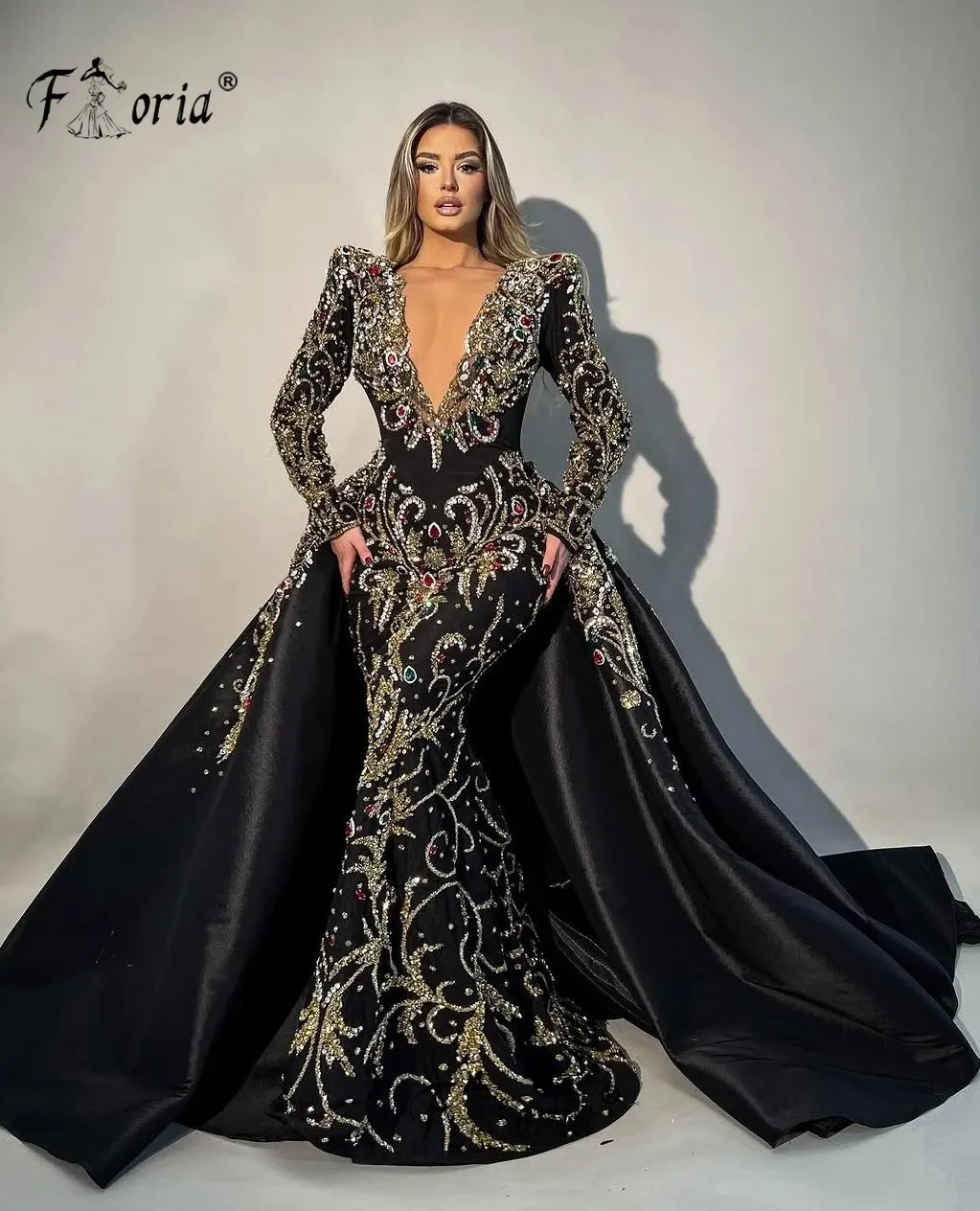 

Luxury Black Mermaid Celebrity Dress with Detachable Train Heavy Beaded Stones Formal Event Gowns Vestidos de Noche Customized