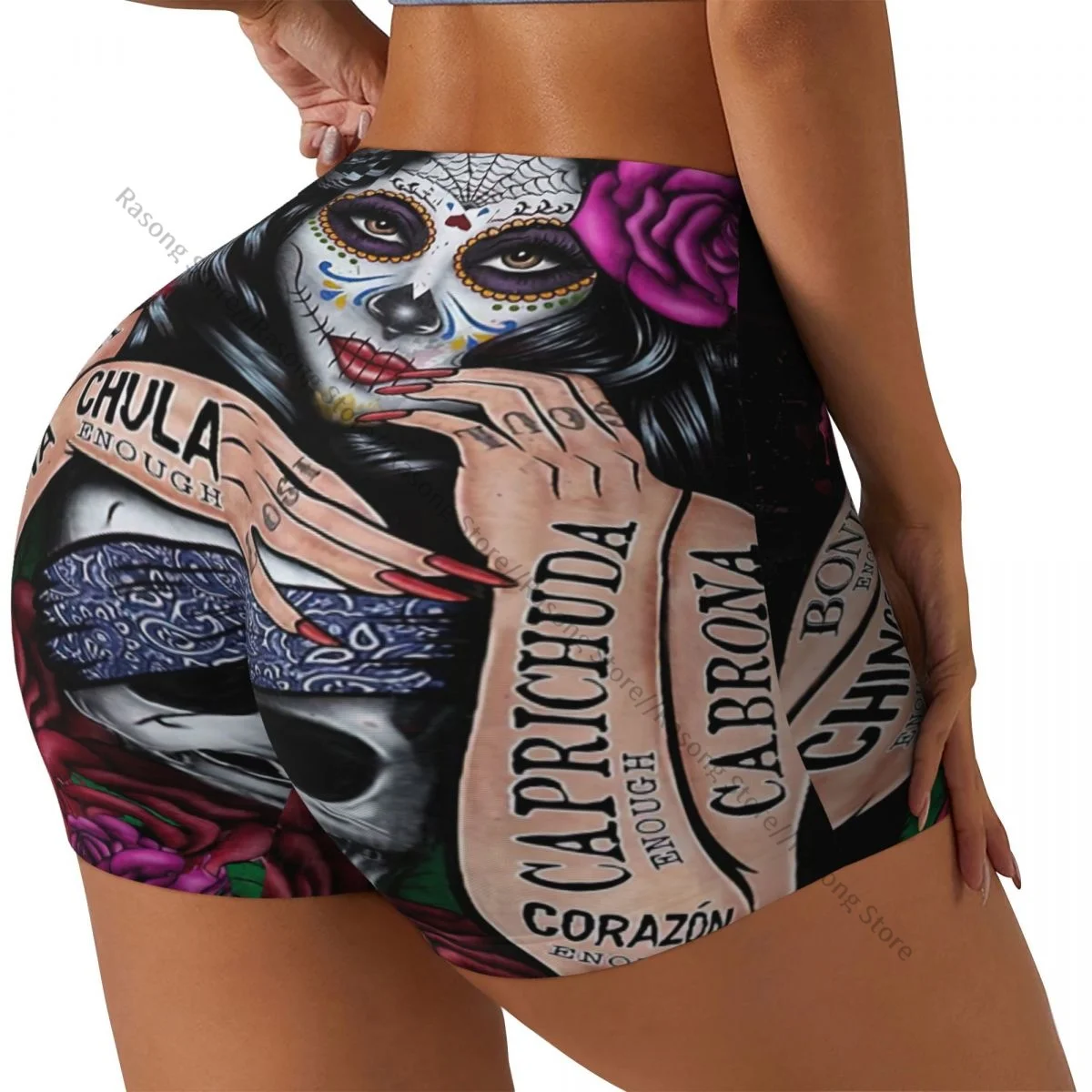 Yoga Shorts Day Of The Dead Sugar Skull Women Biker Tight Elastic Workout Sports Leggings Sportswear