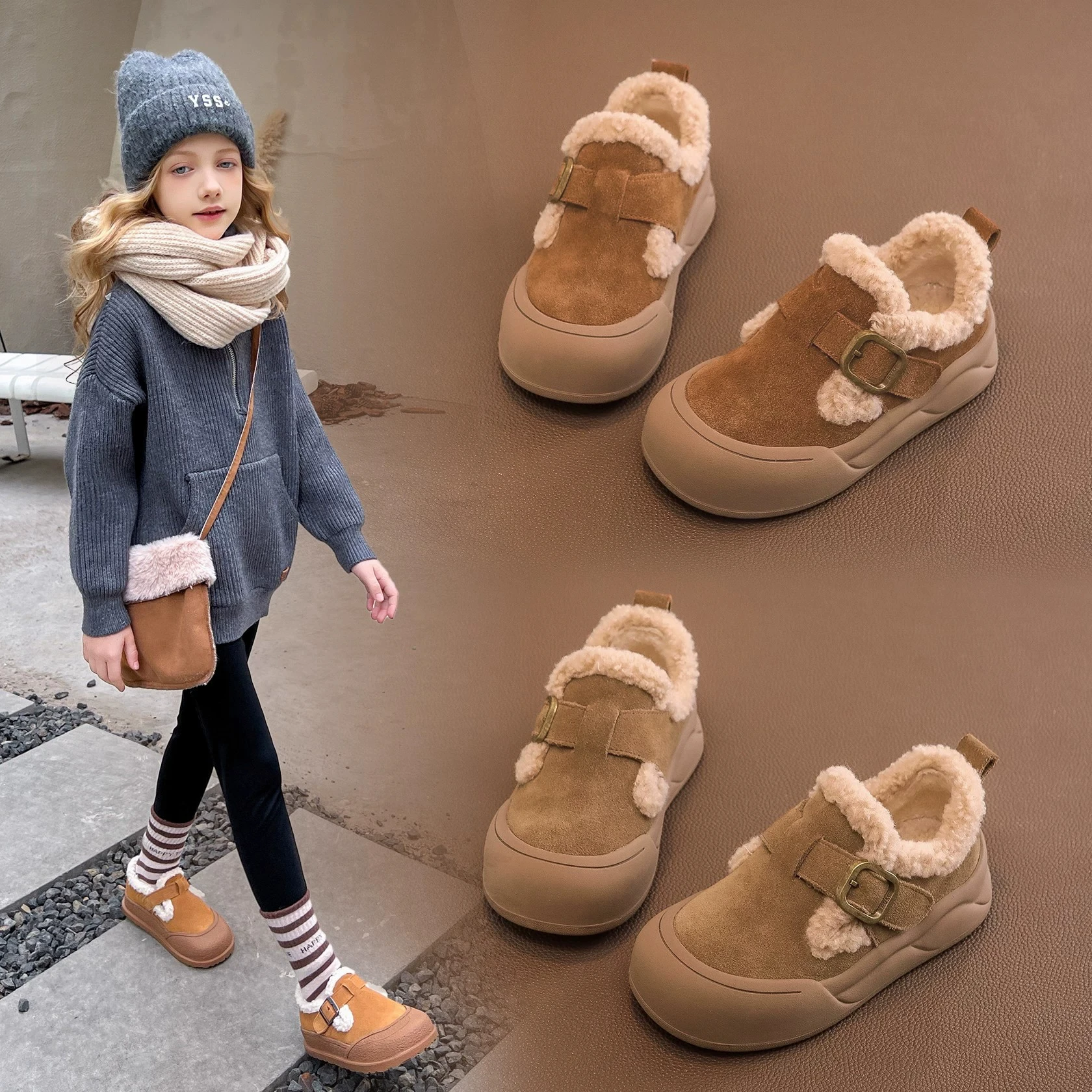 Toddler Kids Winter Warm Clogs, Double Fleece Lined, Plush Trim, Buckle Strap, Non Slip Thick Sole for Cold Daily Wear