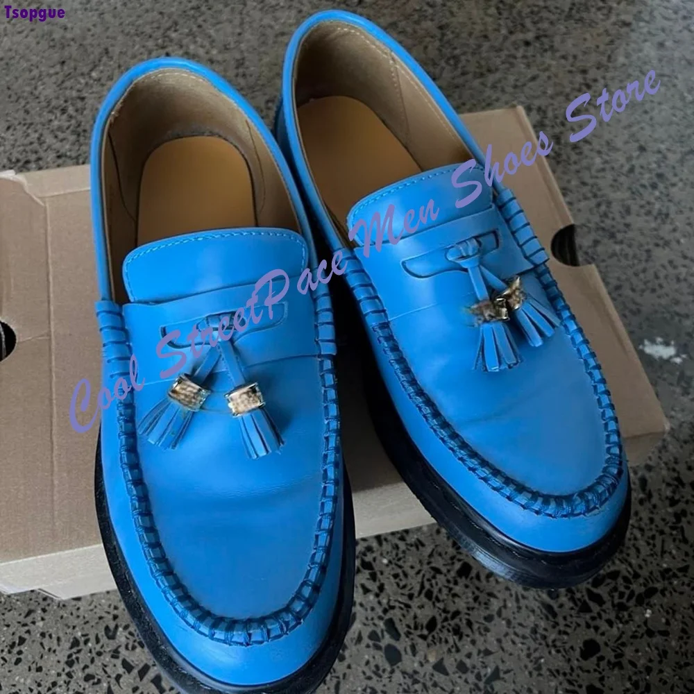 Sky Blue Tassel Decor Platform Loafers Men Round Toe Slip On Stitched Edge Leather Casual Flat Walking Casual Daily Flat Shoes