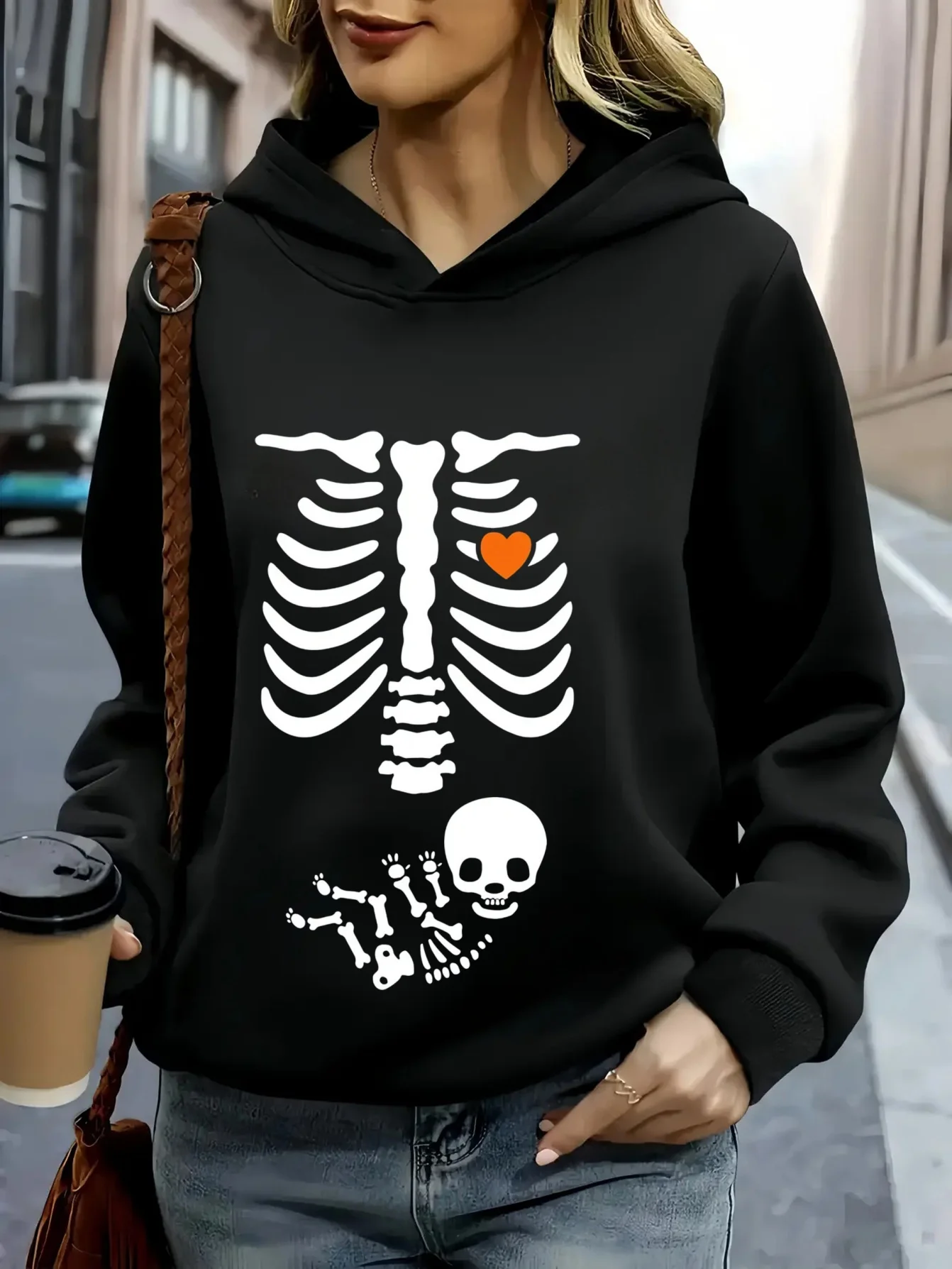 

New Spring and Autumn 2025 maternity hooded sweatshirt casual roller skating frame printed pullover