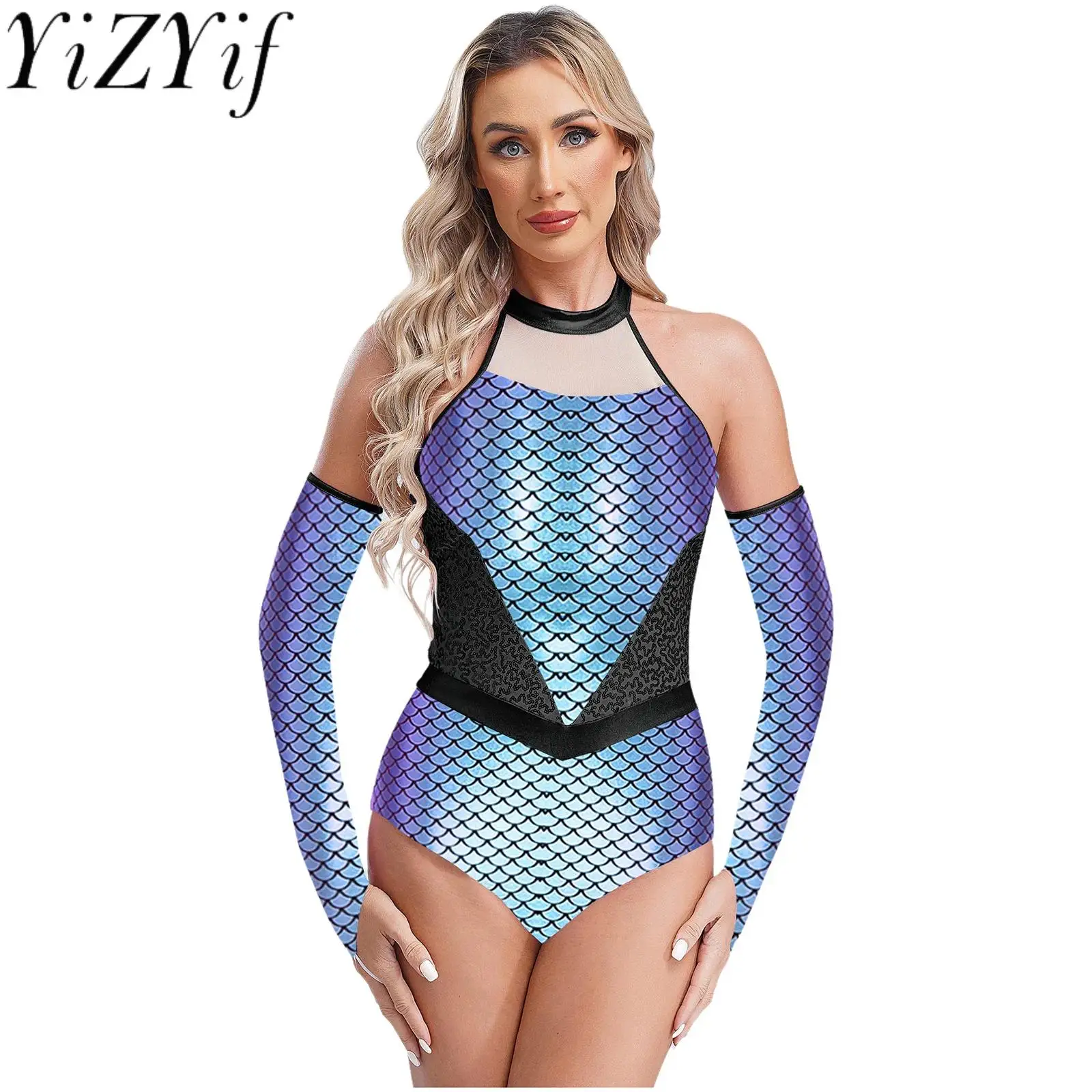 

Women Shiny Fish Scale Mermaid Cosplay Performance Swimsuits Bodysuit with Fingerless Gloves for Carnival Halloween Costume
