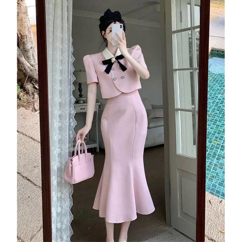 Temperament Short Sleeved Suit Slim Crop Jacket Summer High Pink Mermaid Skirts Womens Two Peice Sets New Shirts