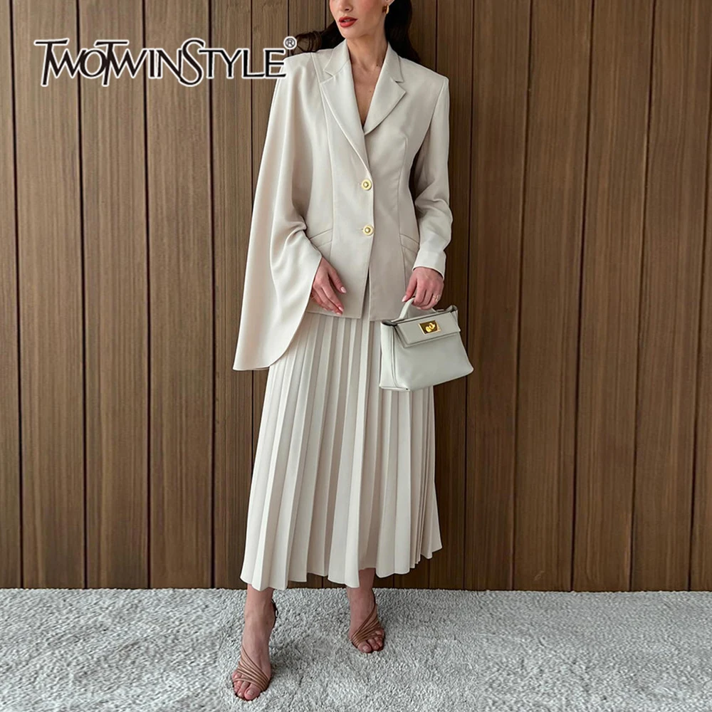 

TWOTWINSTYLE Chic Two Piece Set For Women Notched Collar Long Sleeve Irregular Top High Waist A Line Skirt Elegant Sets Female