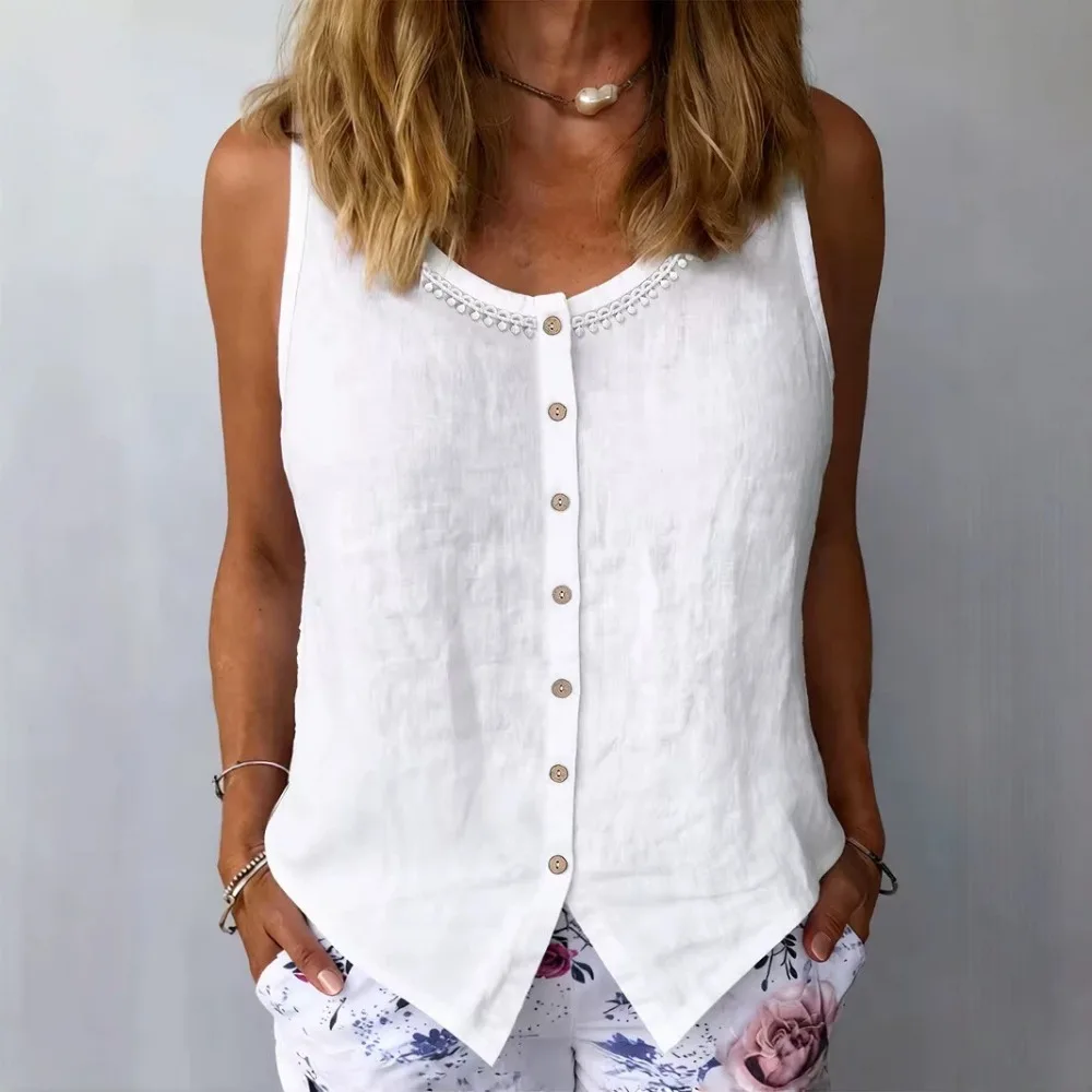 Women Lace Trim Round Neck Tank Top Wooden Button Front Open Sleeveless Casual Vacation Ladies Vest Tops