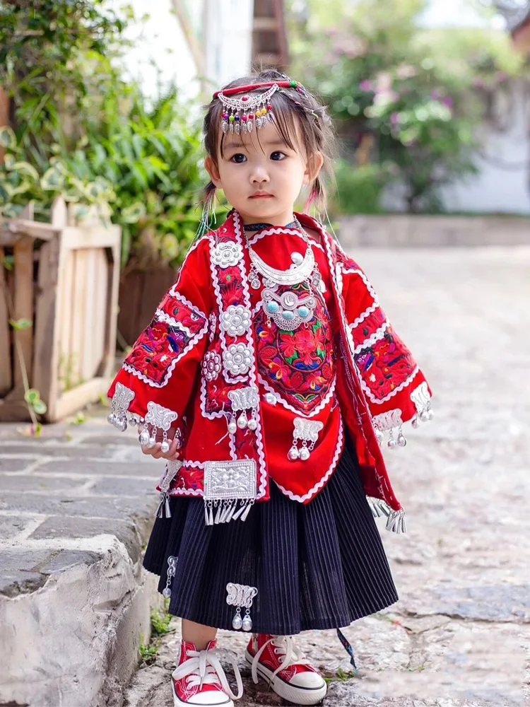 Miao Costume Girls Headdress Collar Hani Children's Dress New Travel Photography Ethnic Clothes