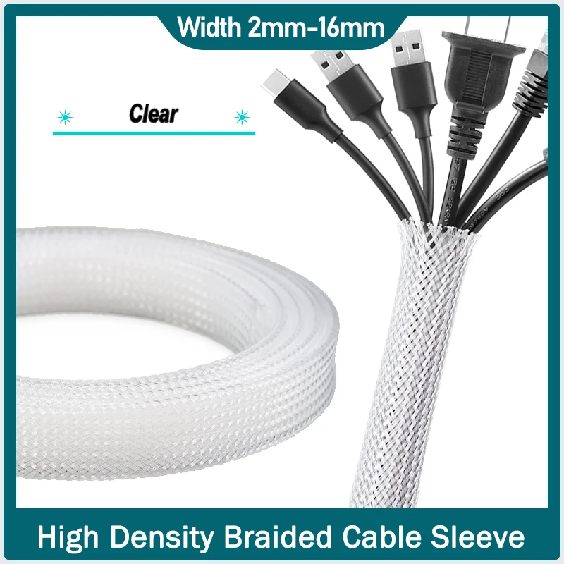 

1-50m Clear PET Expandable Cable Sleeve 2mm-16mm Tight Braided High Density Hardness Insulated Line Protection Wire Wrap Sheath