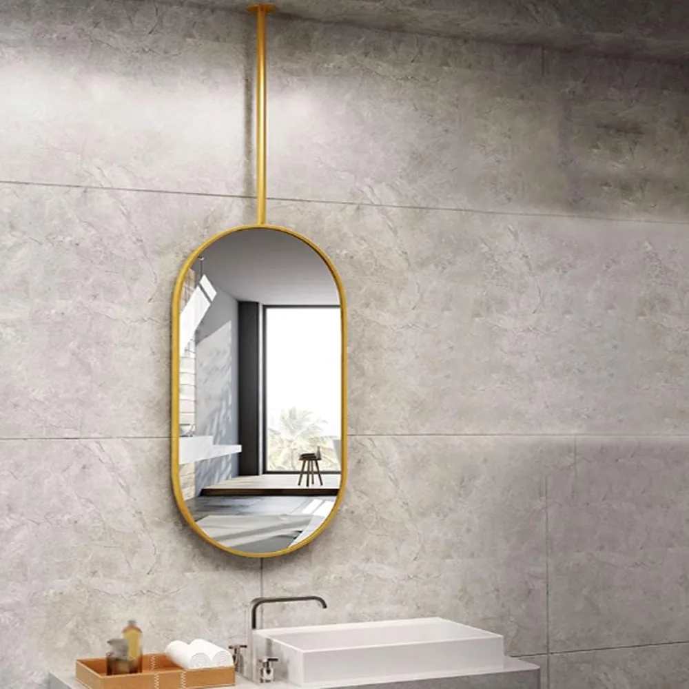Ovaler goldfarbener Galgenspiegel mit hängendem Design für Decken- und Wandmontage im Flur und Badezimmer (40 x 80 cm)