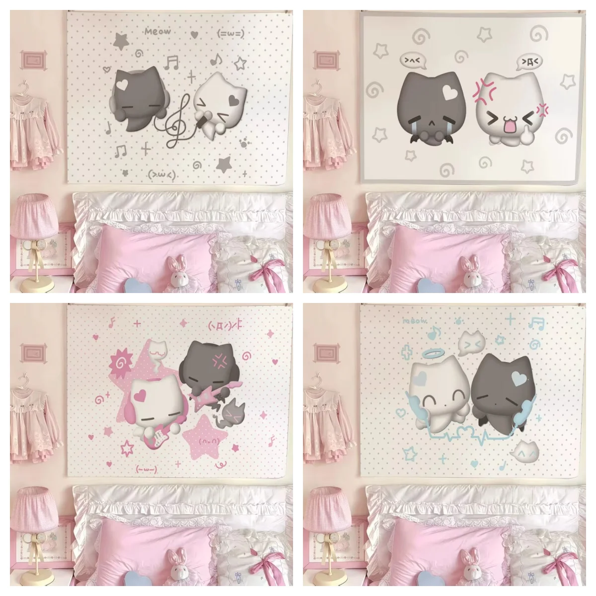 1pc Kawaii Cat Tapestry, Cute Cartoon Kitten Wall Hanging, Cool Room Stuff, Large Size, Polyester 2D Print, Bedroom Stuff, Aesth