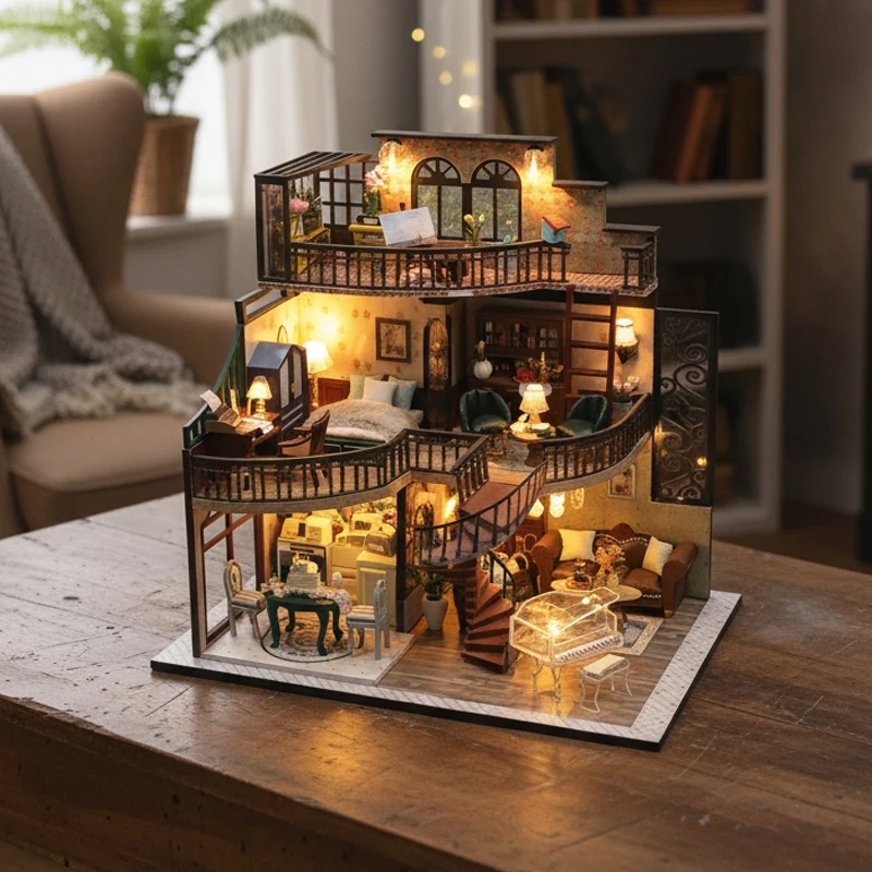 

OUZEY Wooden Dollhouse DIY Kit - "Cozy Cottage" Complete Model with Furniture & Light, Home Bedroom Decor Gift for Teens Adults