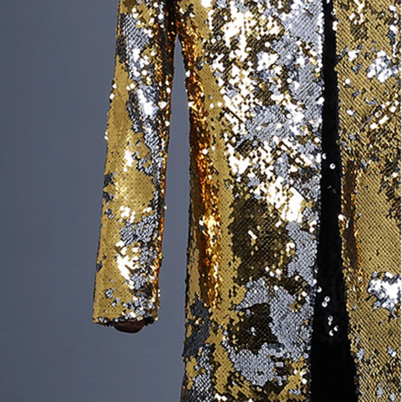 Shiny Gold Sequin Glitter Long Blazer Jacket Men Stand Collar Slim Fit Tuxedo Suit Blazers Mens Party Prom Stage Clothes Male