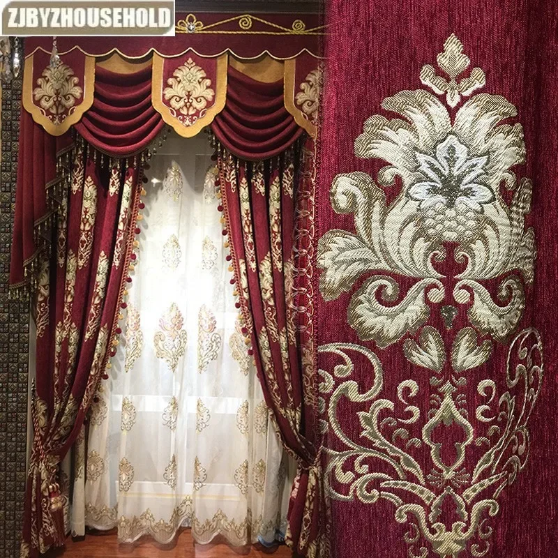 

Luxury High-grade High Curtains for Living Dining Room Bedroom European Red Thickened Chenille Curtains Full Blackout Customize