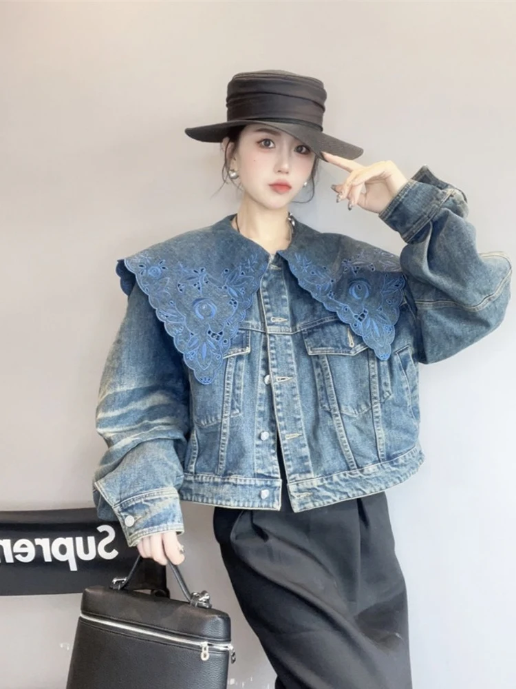 

Coat Top Women's Lace Hook Flower Shawl Collar, Vintage Denim Jacket For Women Traf Woman Clothing Woman Coat Outdoor Clothing