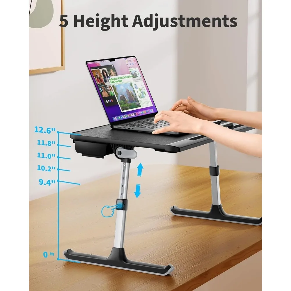 طاولة سرير للكمبيوتر المحمول قابلة للتعديل مع درج تخزين، مكتب قائم محمول قابل للطي لأرضية أريكة الأريكة