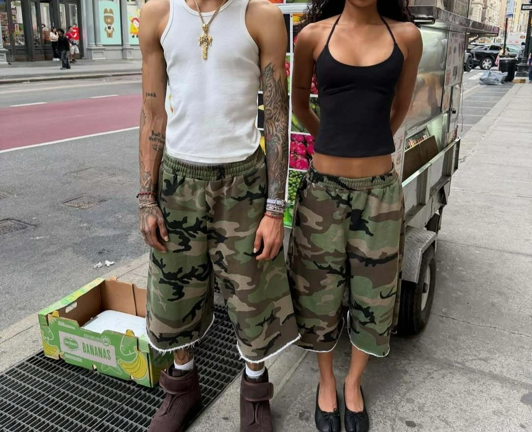 Camouflage Medium Pants Old Rough Edge Design Feeling Wide Leg Seven-point Sweatpants Neutral Style Casual Pants