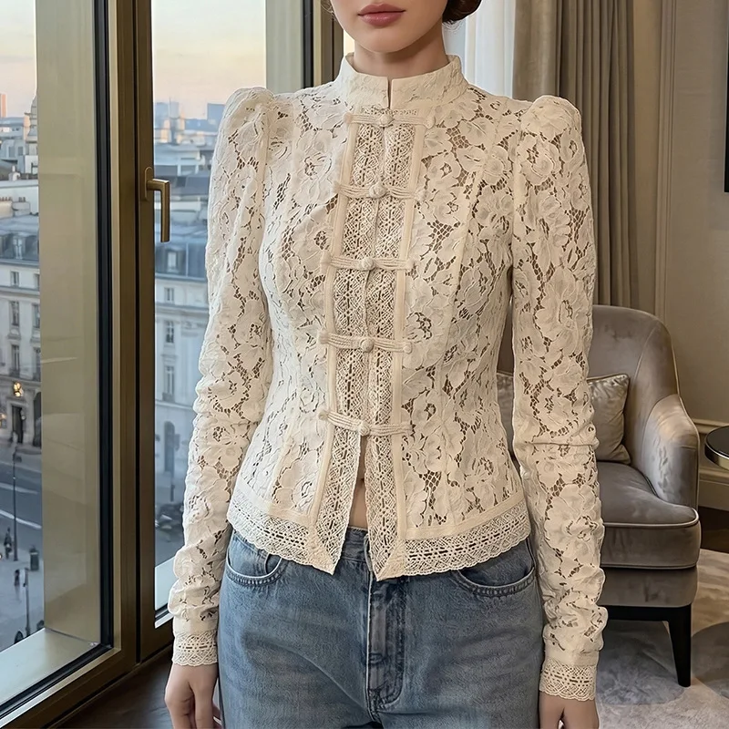 Elegant Oriental Frog Knot Lace Top Stand Up Collar Bubble Sleeves Hollow Flower Top Slimming Shirt Retro Romantic Lace Jacket