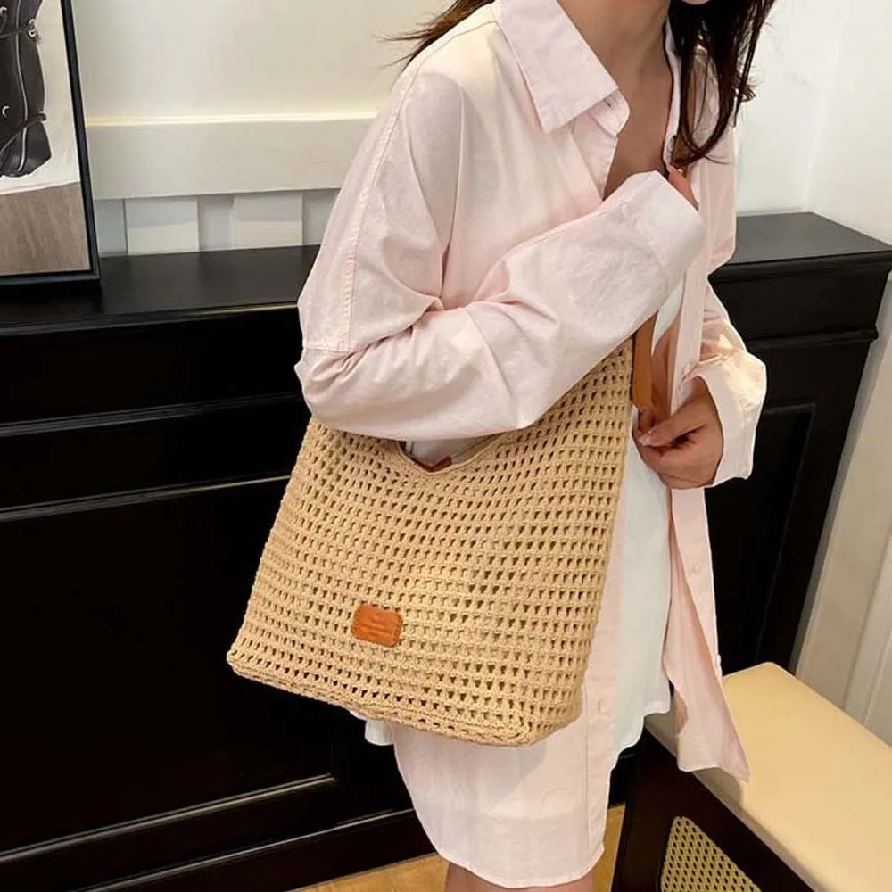 

Solid Color Casual Crochet Tote Bag Magnetic Button Large Capacity Hollow Woven Bag Korean Style Cotton Knitting Handbag Summer