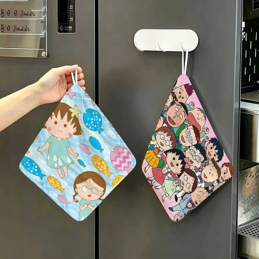 Catoon Chibi Maruko Chan Multi-scene Polyester Cotton Towel, Hanging Hand Wiping Cloth for Kitchen Bathroom Hotel