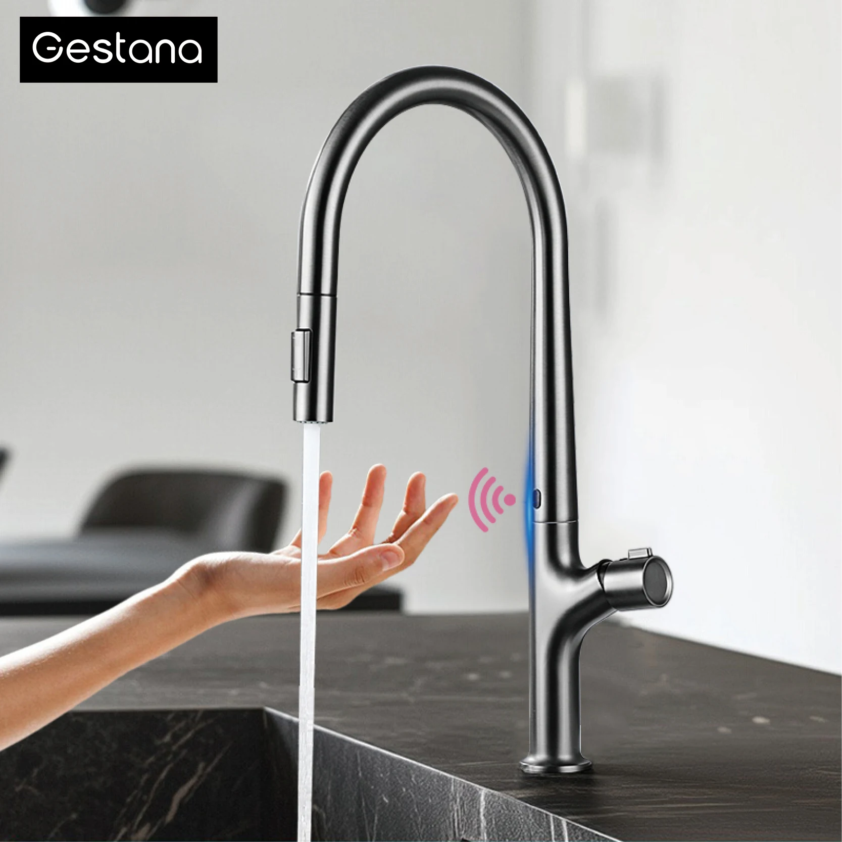 Modern Style Gun Gray Pull-Out Kitchen Faucet with 1 Handle for Hot&Cold Water Intelligent Sensing and 2 Functions for Sink Tap