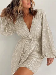 Autumn Women's New Holiday Party Jumpsuit 2024 Sexy V-neck Fashion Glitter Sequins Long Sleeve Puff Sleeve Bib Waist Shorts