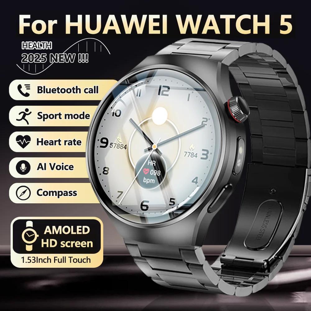 

Для HUAWEI Watch 5, мужские умные часы, уличная лампа SOS, мультиспортивный режим, AI, голосовой монитор здоровья, Bluetooth-вызов, музыка, умные часы