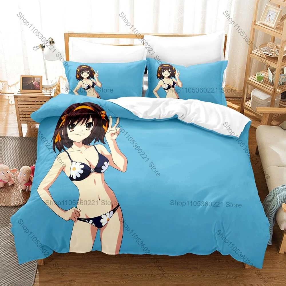 

Haruhi Kyon Mikuru Yuki Character Pattern 3 In 1 Bedding Set Quilt Cover With Two Pillowcases Lovely Home Room Decoration