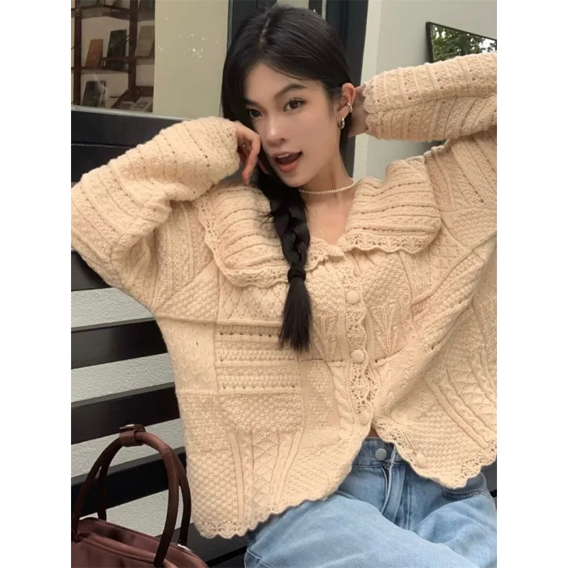 Women\'s Clothing Apricot Knitting Sweater Cardigan Long Sleeves Cashmere Vintage 2024 Spring Fashion Solid Baggy Ladies Tops