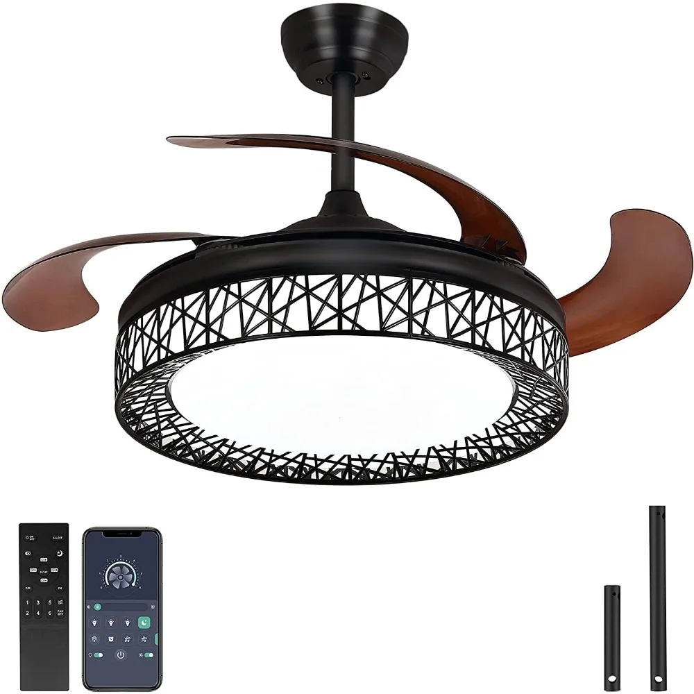 Ventilateur de plafond rétractable avec lumières, télécommande, ventilateur de plafond de ferme moderne, moteur à courant continu, 4 phpopularité cachés, 42 en effet