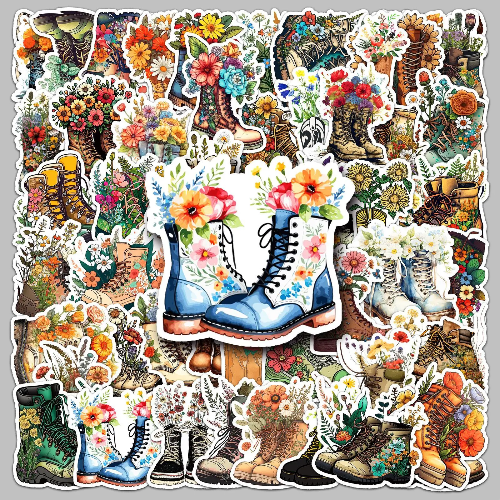 

50pcs Boots Flower Series Graffiti Stickers Suitable for Helmet Desktop Wall Decoration DIY Sticker Pack with Storage Box