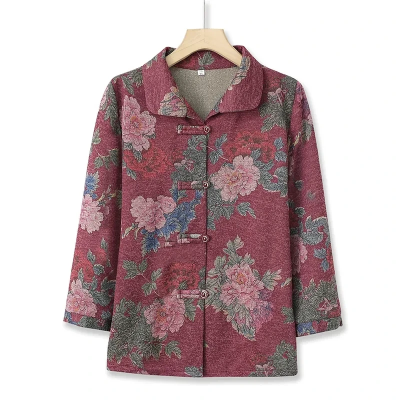 Abrigo de camisa de manga larga para madre de mediana edad, conjunto de blusa y pantalones con estampado de moda, cárdigan, chaqueta 5XL, primavera y otoño