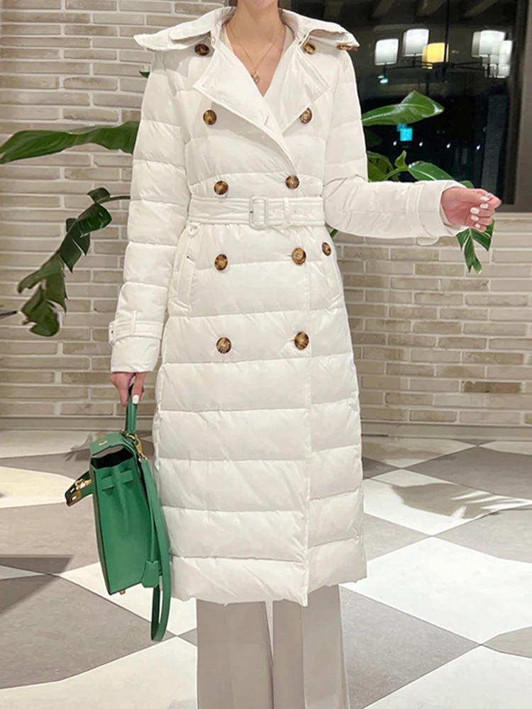 Jaet mi-long en duvet pour femmes, manteau Sli à Double boutonnage, avec plumes blanches Du, amincissant, ceinturé, nouvelle collection 2024