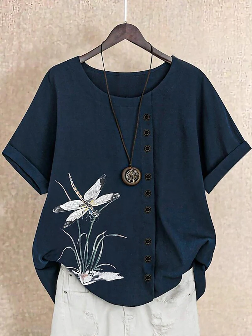 

Women's Cotton And Linen T-Shirt Dragonfly Pattern Printing Elegant Retro Fashion Tees Outdoor Oversized Women's Clothing