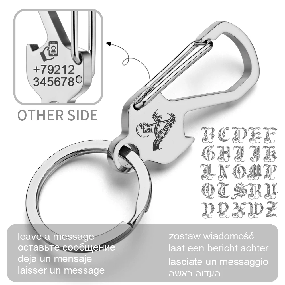 304 aço inoxidável personalizado letras Keychain, abridor de garrafas, Custom Lettering chaveiro, anel titular para chaveiro do carro, K429