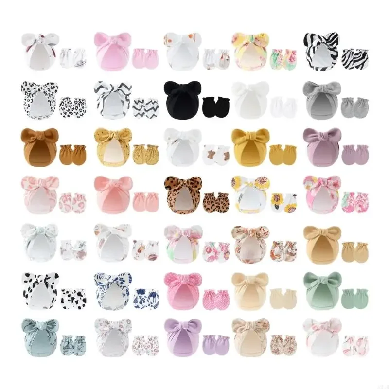 

Soft Breathable Infant Bowknot Hat with Matching Mittens Anti Scratch Gloves Design 0-6 Month Baby Shower Gift 15UB